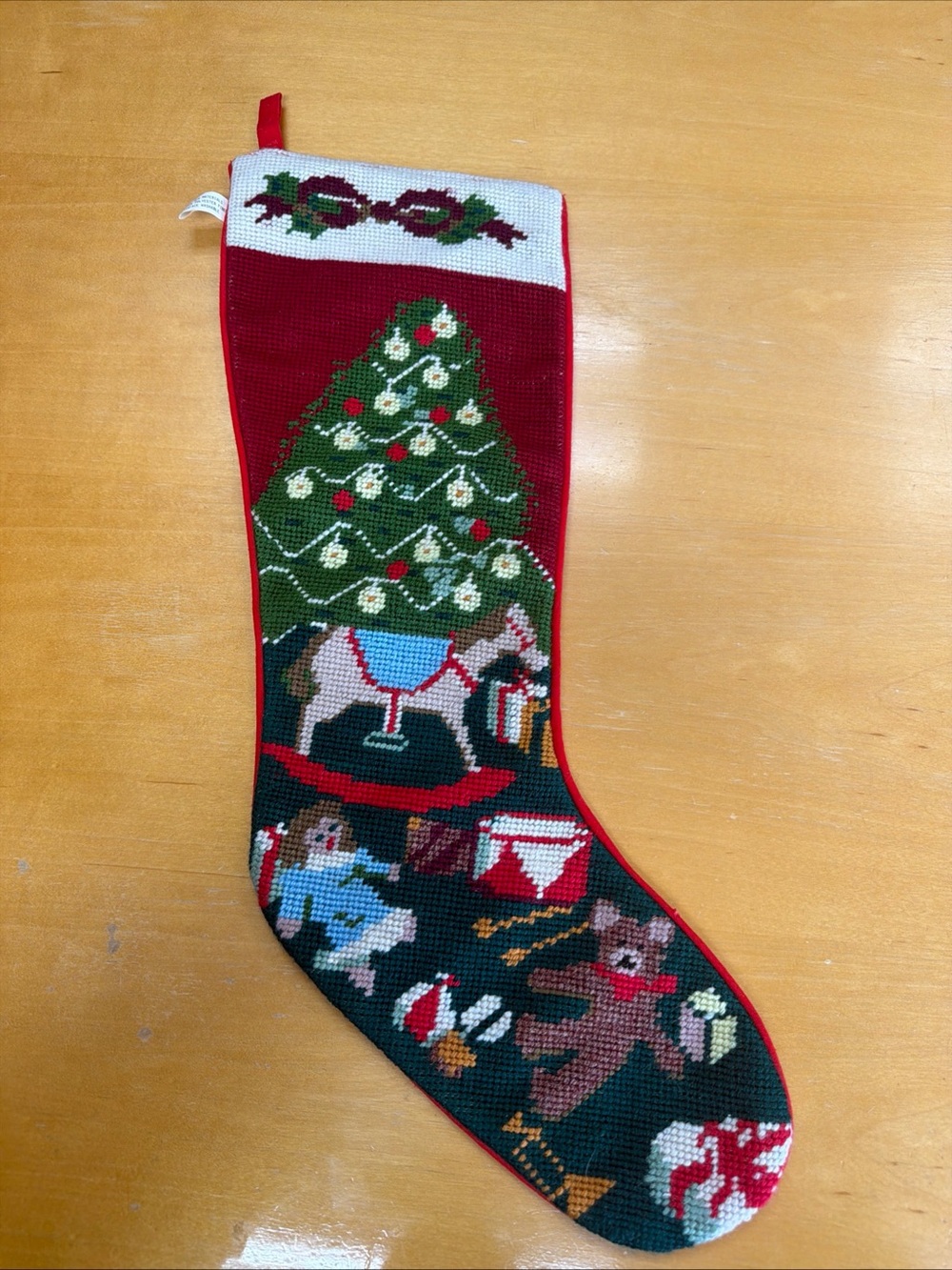 Vintage Needlepoint Tapestry Holiday Stocking Christmas Tree & Toys